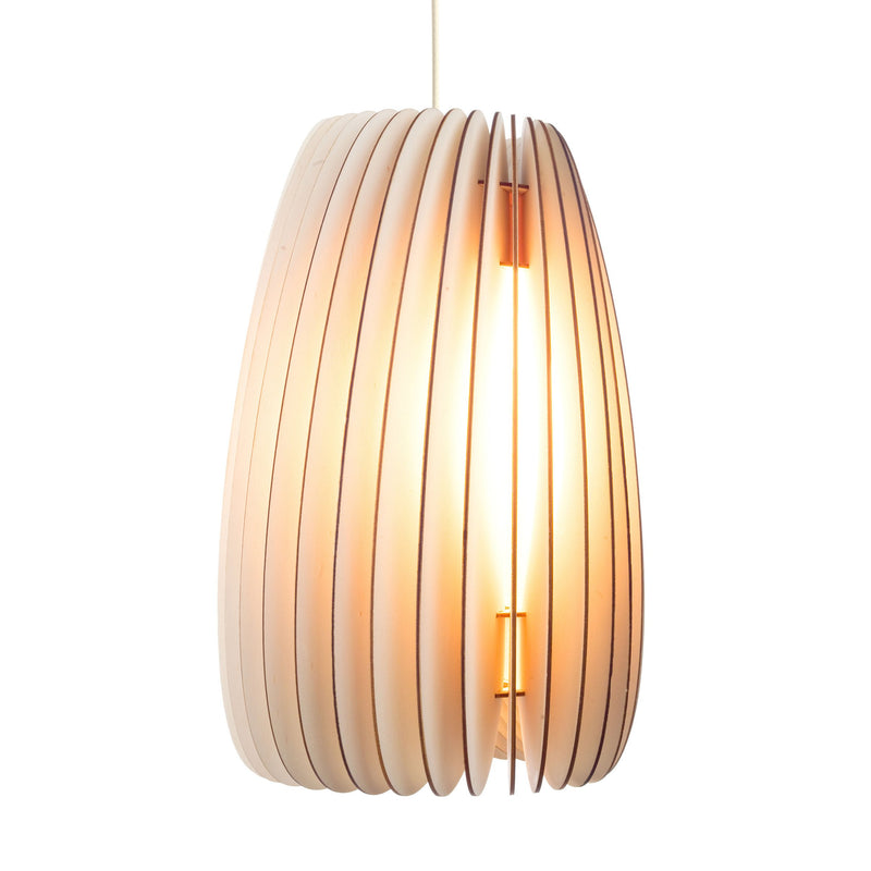 The Secundum by Schneid is a modern hanging pendant light with an oblong poplar wood design. Crafted by Niklas Jessen, its evenly spaced slats emit a naturally warm, ambient glow.