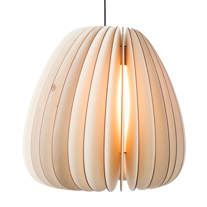 The Schneid Volum lamp features wooden slats forming an organic gourd shape. A warm light glows from within, highlighting its natural wood texture. Elegantly suspended by a black cord, it adds modern charm to any space.