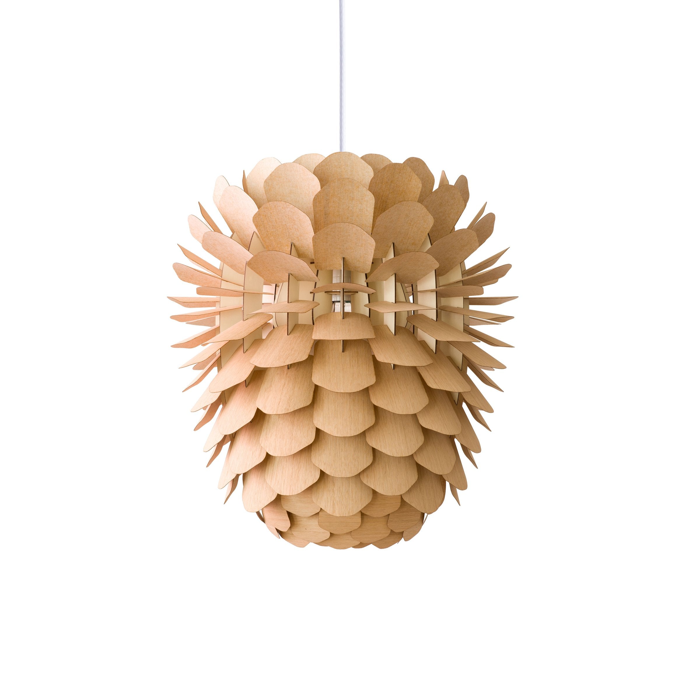 The Zappy Oak by Schneid is a handcrafted wooden pendant light with a pine cone design, featuring overlapping curved pieces in ash or oak veneer and complemented by a white cord, creating a natural look.