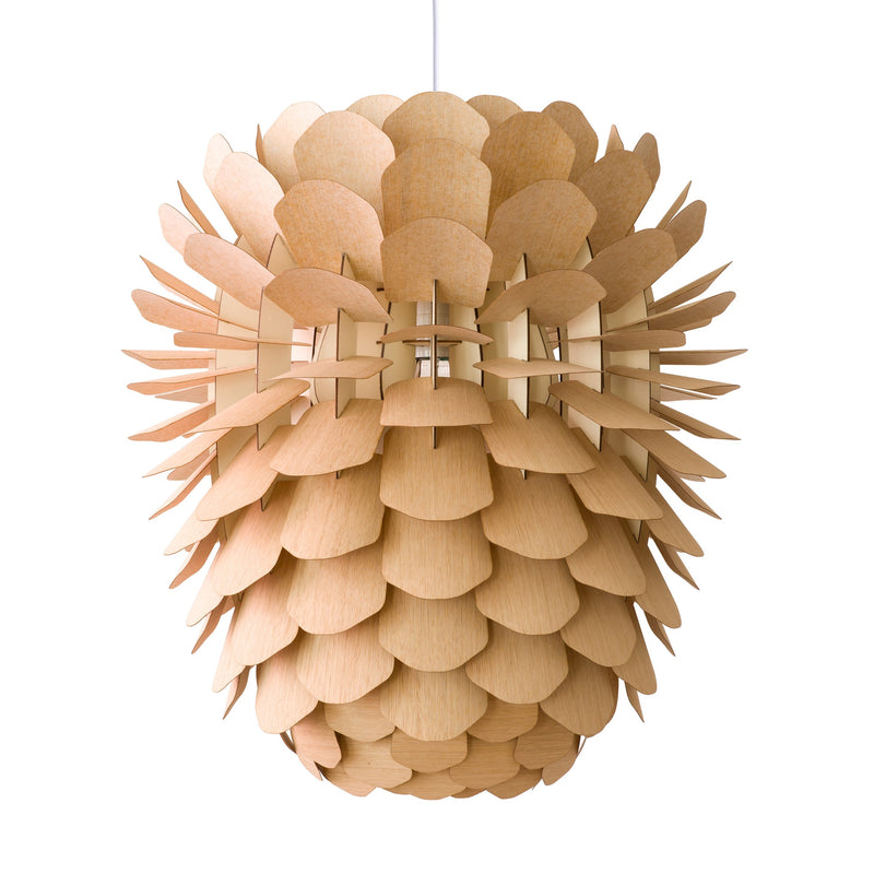 The Zappy Oak by Schneid is a handmade lamp resembling a pine cone, crafted with ash or oak veneer. Its layered design adds an organic texture and warmth to this intricate light fixture.