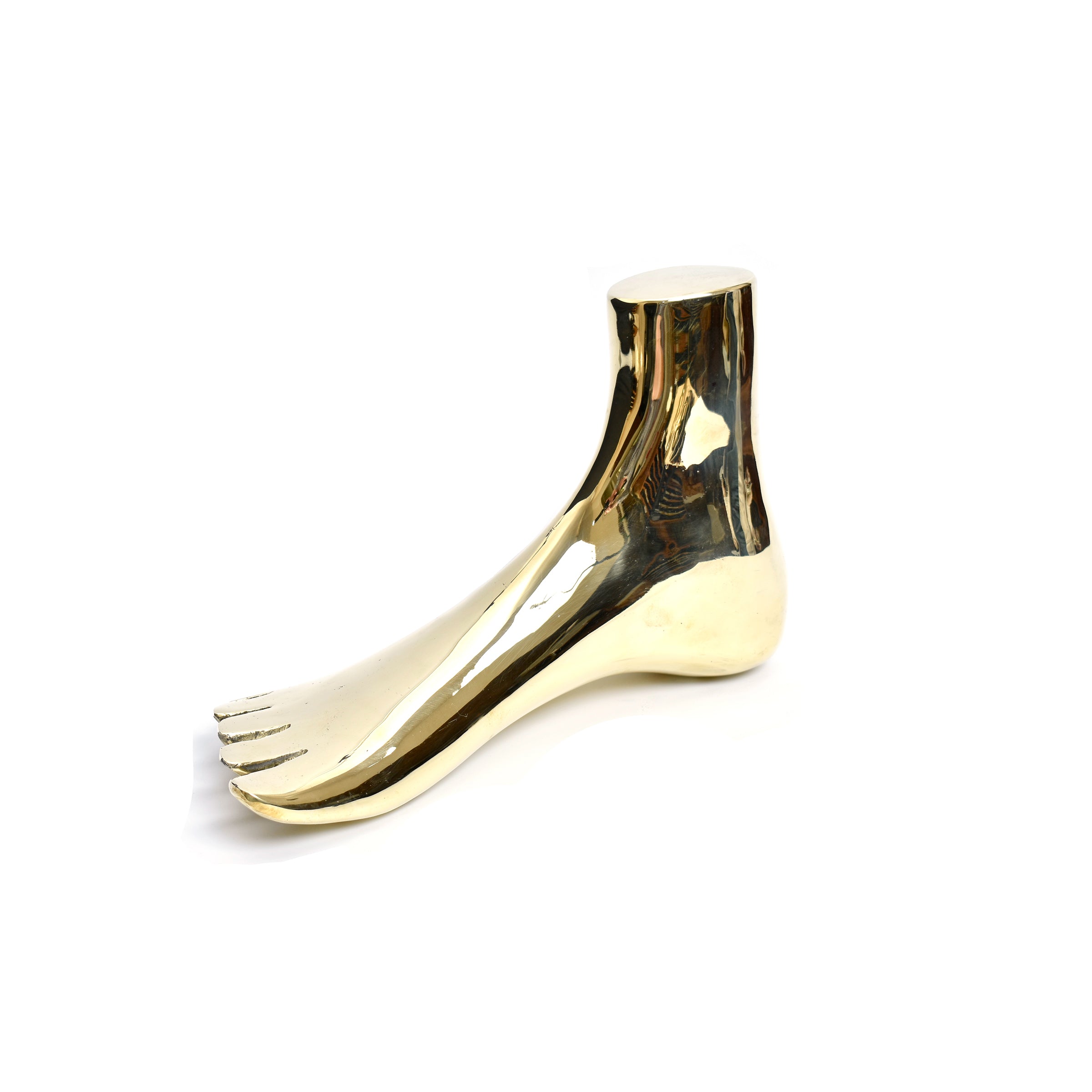 The Sculpture Foot XL #4273-3 by Werkstätte Carl Auböck features a shiny, gold-colored human foot and ankle sculpture, reminiscent of Wiener Bronzen craftsmanship, with a smooth and reflective surface standing upright on a white background.
