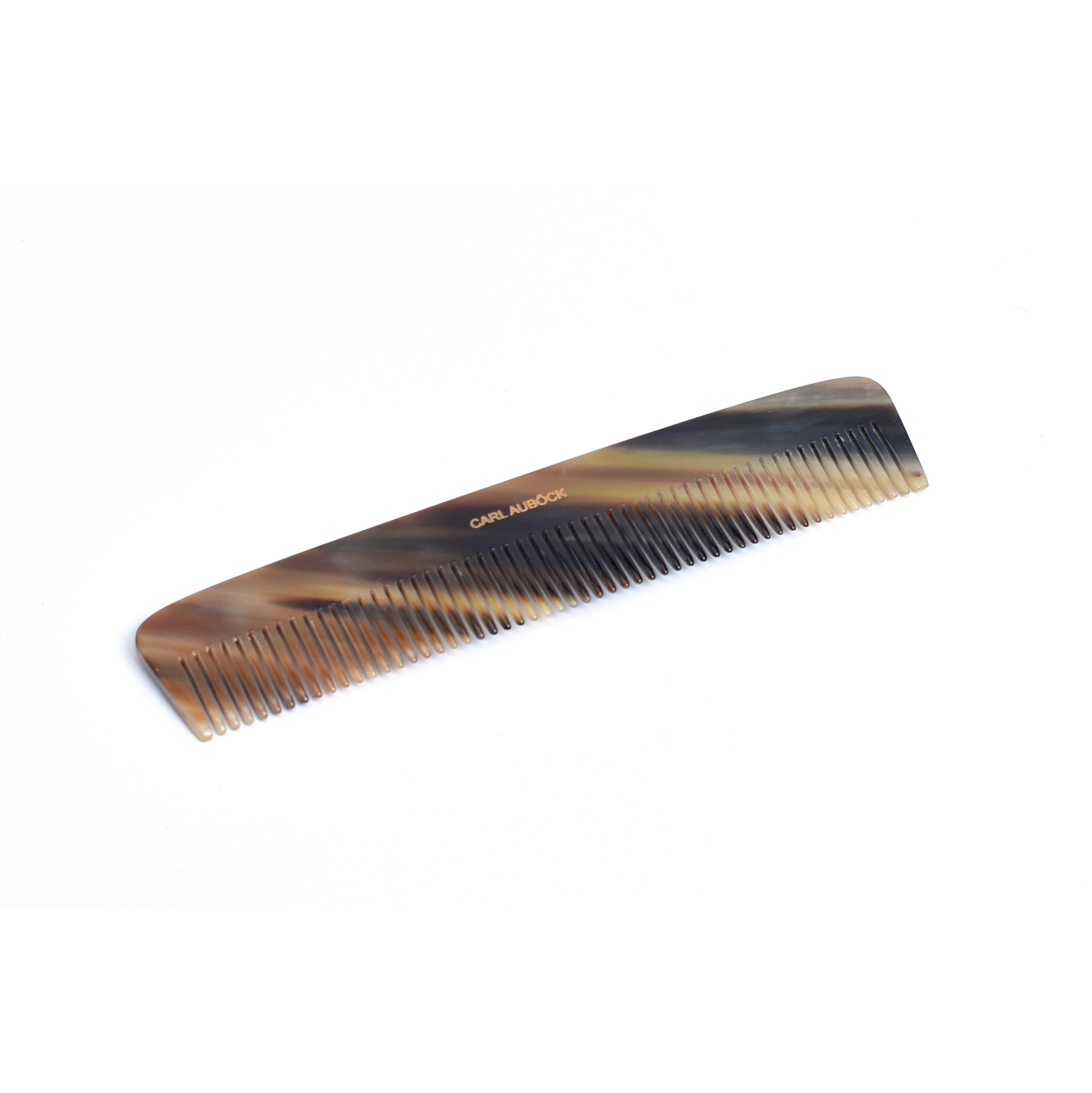 The Horn Comb Long #5234 from Werkstätte Carl Auböck, featuring fine teeth and a sleek brown tortoiseshell design, is displayed on a white background.