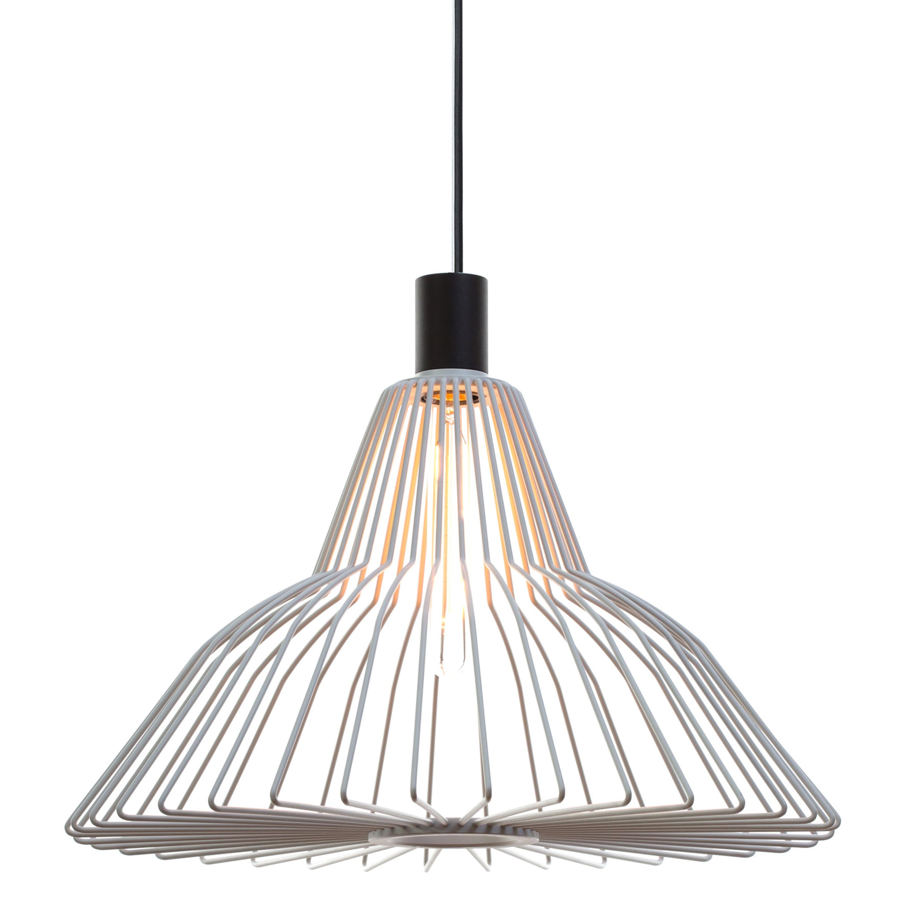 The Wiro Industry - Sale by Wever & Ducré features an exposed bulb with a geometric wireframe shade, suspended from a black cord, and emits a warm glow through its sleek metal design.