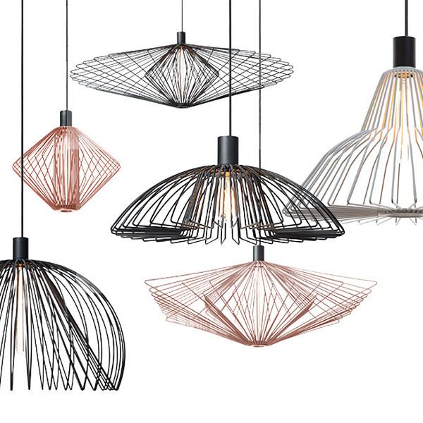 Discover the artistry of Wever & Ducré with their Wiro Industry - Sale collection, featuring six modern pendant luminaires. Crafted from metal wire in geometric shapes such as domes and diamonds, they come in black, metallic pink, and white for a chic and contemporary style.