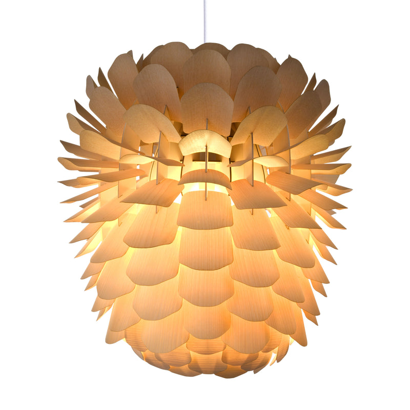 The Zappy Ash by Schneid is a handmade pendant light with a layered, petal-like design in oak veneer. It emits a warm glow through overlapping wooden pieces, creating a soft and inviting ambiance.