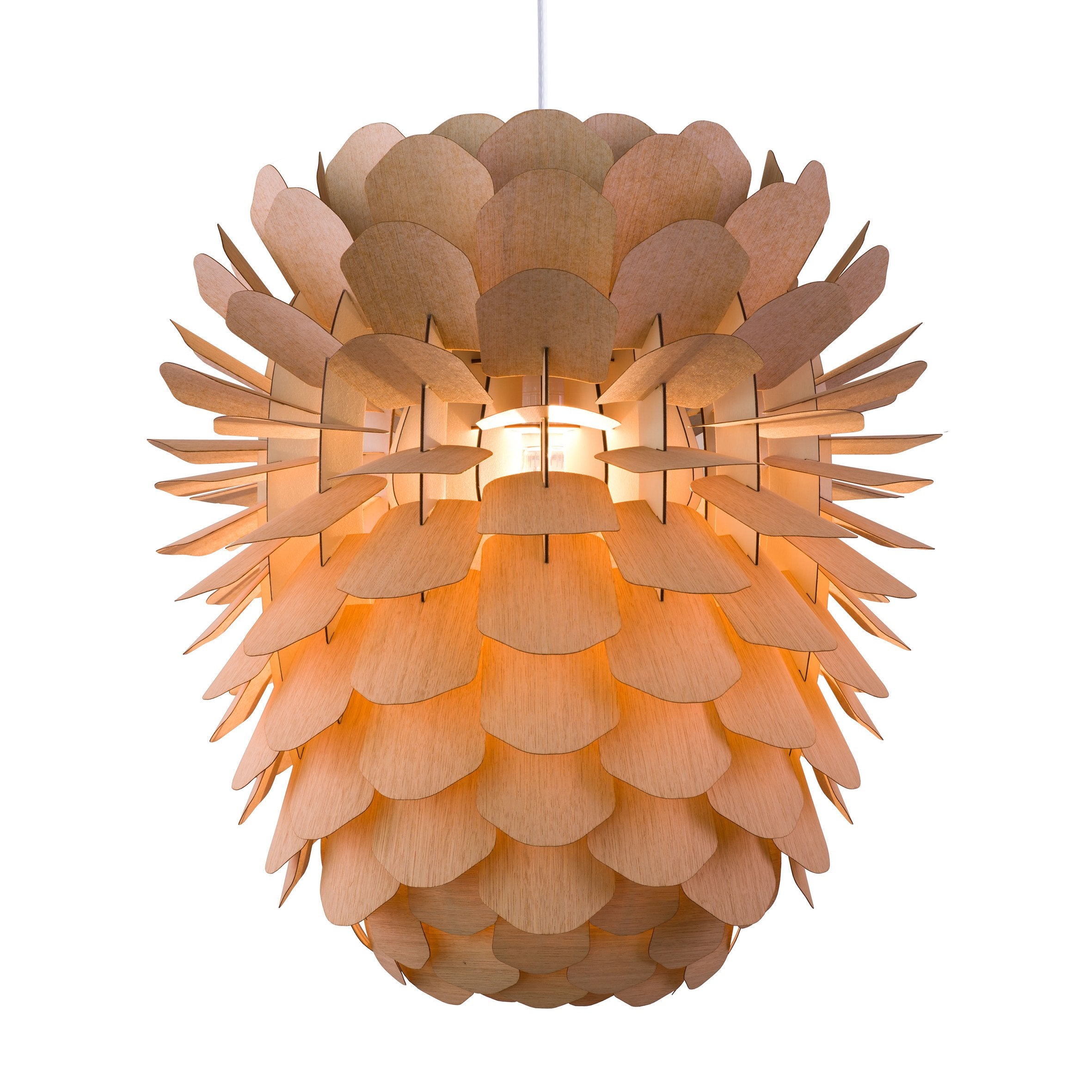 The Zappy Oak by Schneid is a handmade pendant lamp with a design resembling overlapping wooden leaves in ash or oak veneer. It emits a warm glow, providing an organic, sculptural appearance with layered texture.
