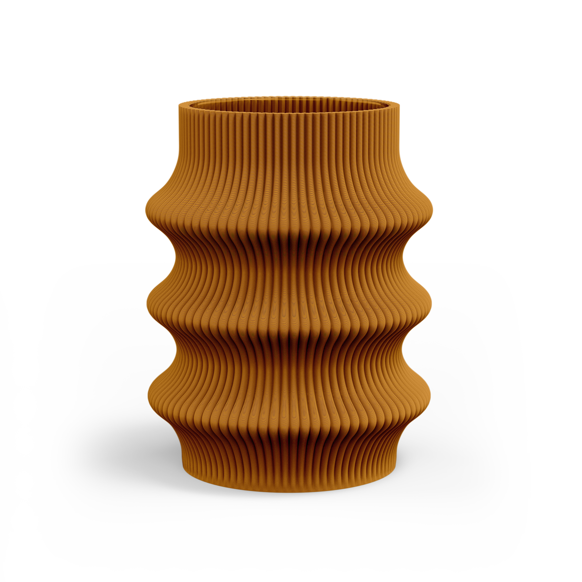 The Zayl 129g Vase by Sheyn features a ribbed, cylindrical design with undulating curves, finished in warm terracotta, set against a plain white background.