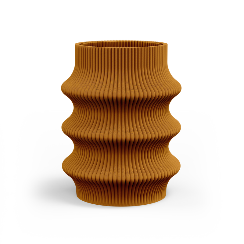 The Zayl 129g Vase by Sheyn features a ribbed, cylindrical design with undulating curves, finished in warm terracotta, set against a plain white background.