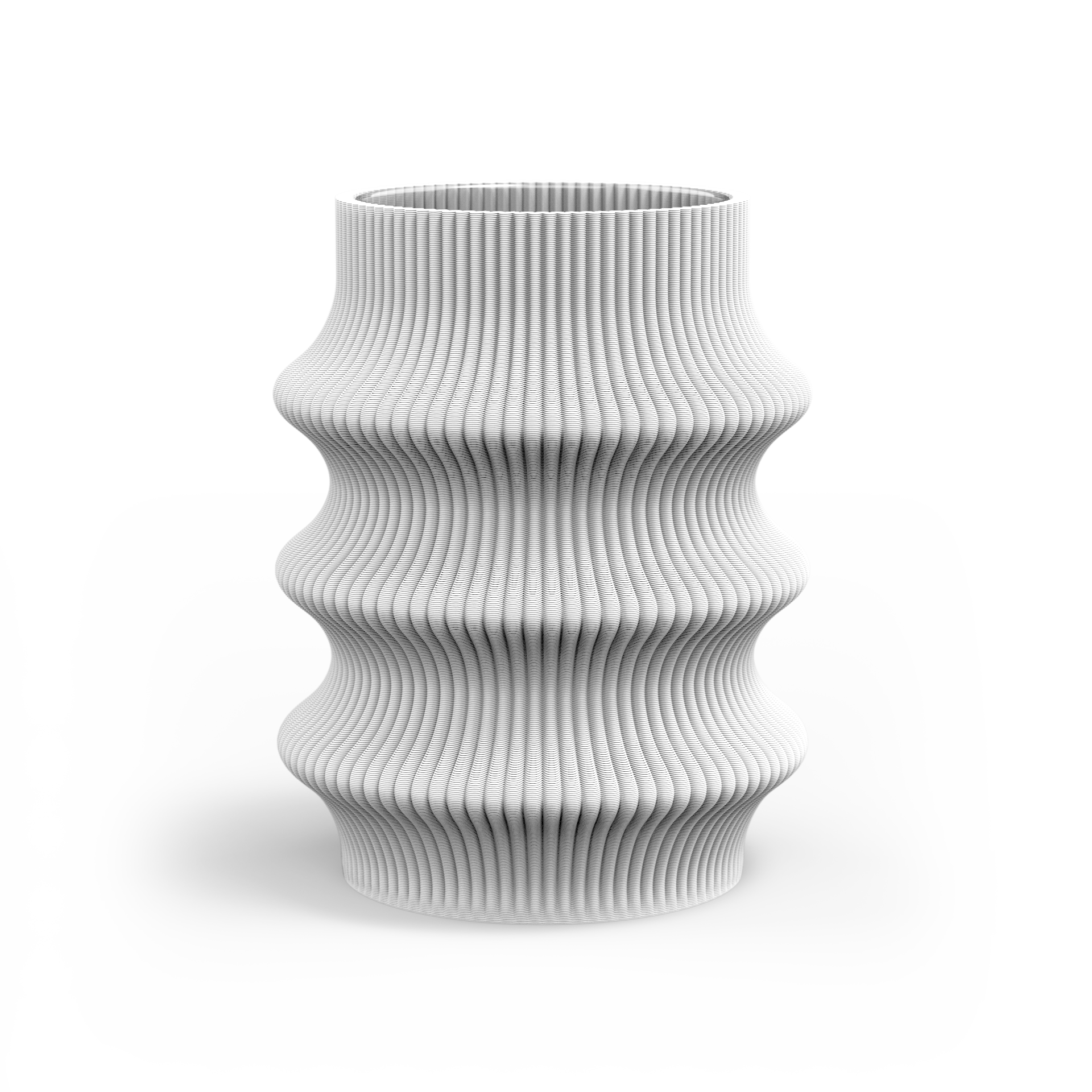 The Zayl 129g Vase by Sheyn, with its white, intricately designed wavy ribbed texture and symmetrical curvy shape, exemplifies digital elegance. Its smooth surface adds eco-friendly charm, creating a modern aesthetic against the plain white background.