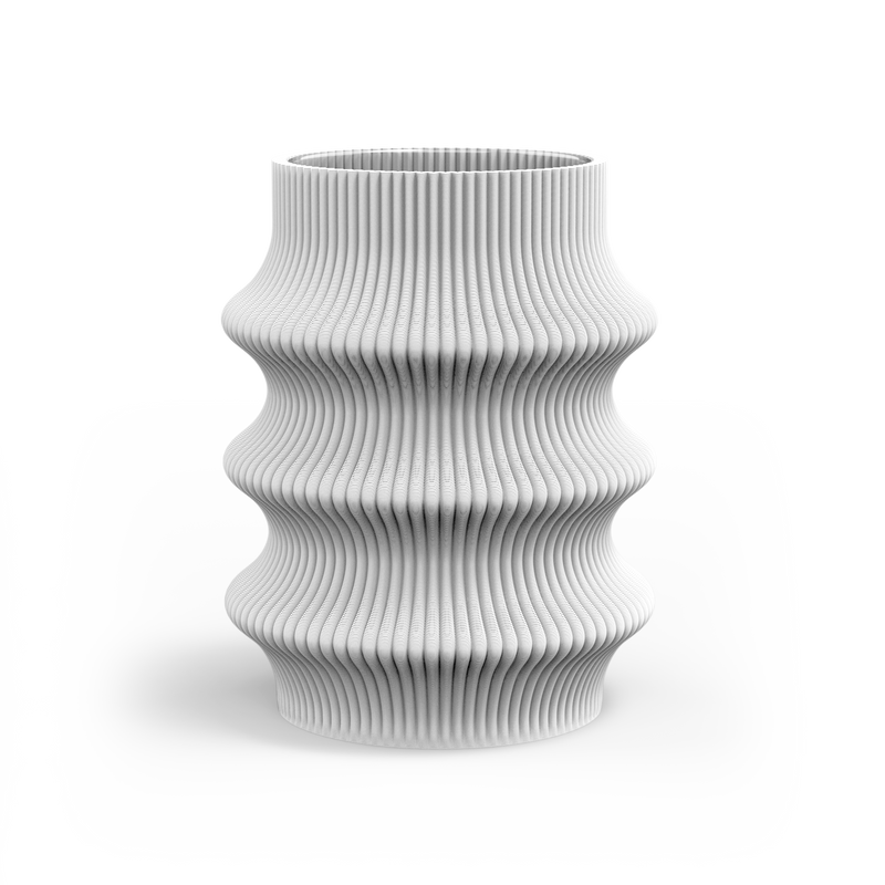 The Zayl 129g Vase by Sheyn, with its white, intricately designed wavy ribbed texture and symmetrical curvy shape, exemplifies digital elegance. Its smooth surface adds eco-friendly charm, creating a modern aesthetic against the plain white background.
