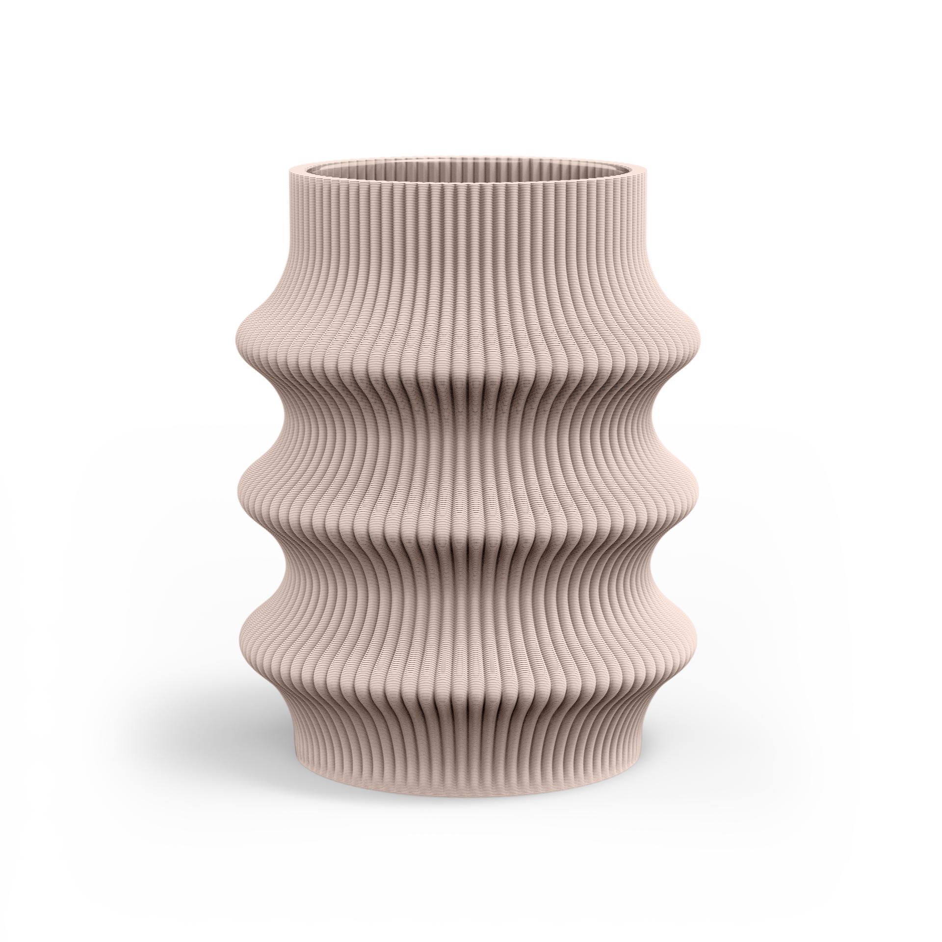 The Zayl 129g Vase by Sheyn is a beige, intricately textured piece featuring a wave-like pattern created with innovative digital design. Crafted through eco-friendly 3D printing, its cylindrical form boasts vertical grooves for a dynamic look against a plain white backdrop.
