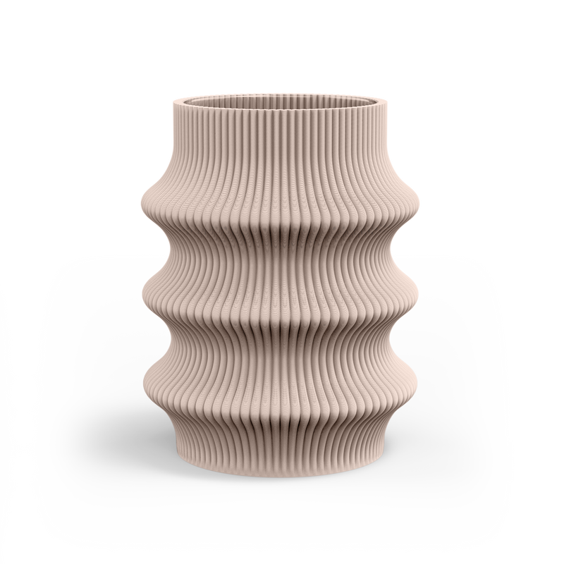 The Zayl 129g Vase by Sheyn is a beige, intricately textured piece featuring a wave-like pattern created with innovative digital design. Crafted through eco-friendly 3D printing, its cylindrical form boasts vertical grooves for a dynamic look against a plain white backdrop.