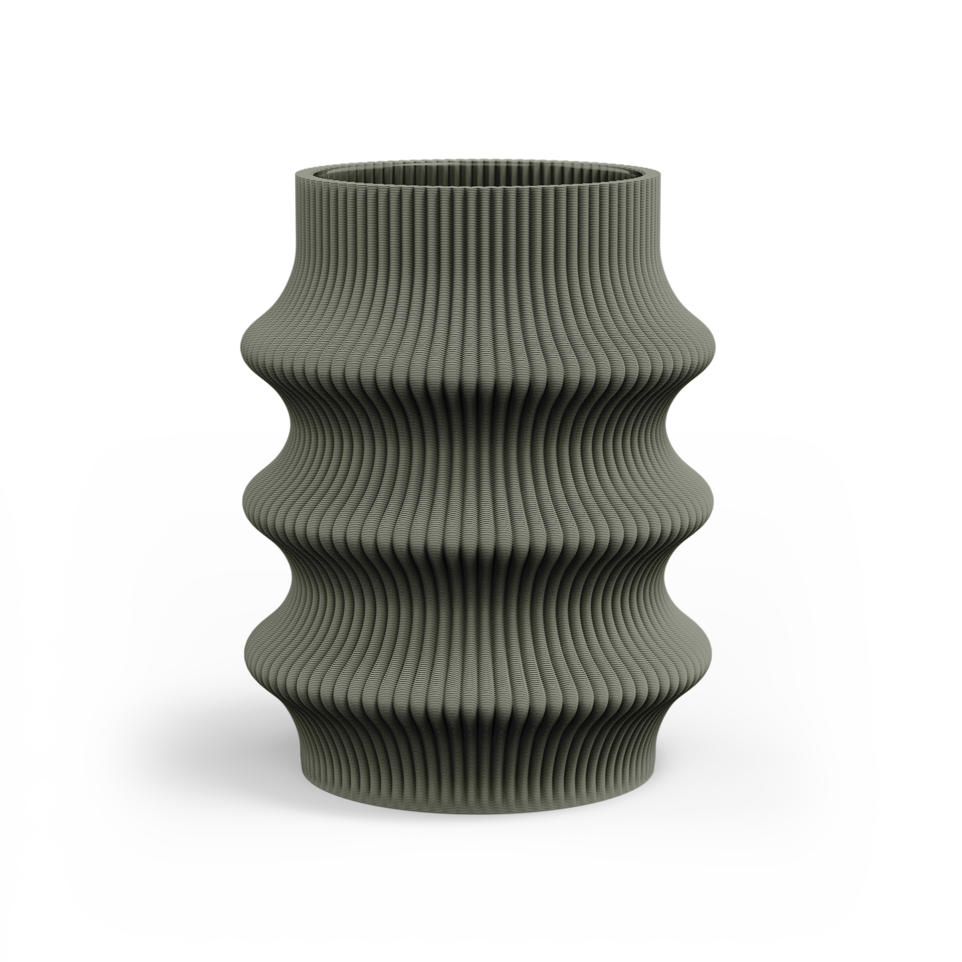 The Zayl 129g Vase by Sheyn stands against a white background, featuring a green ribbed ceramic design with wavy curves. Its 3D-printed texture and unique silhouette highlight a modern aesthetic and cutting-edge digital design.