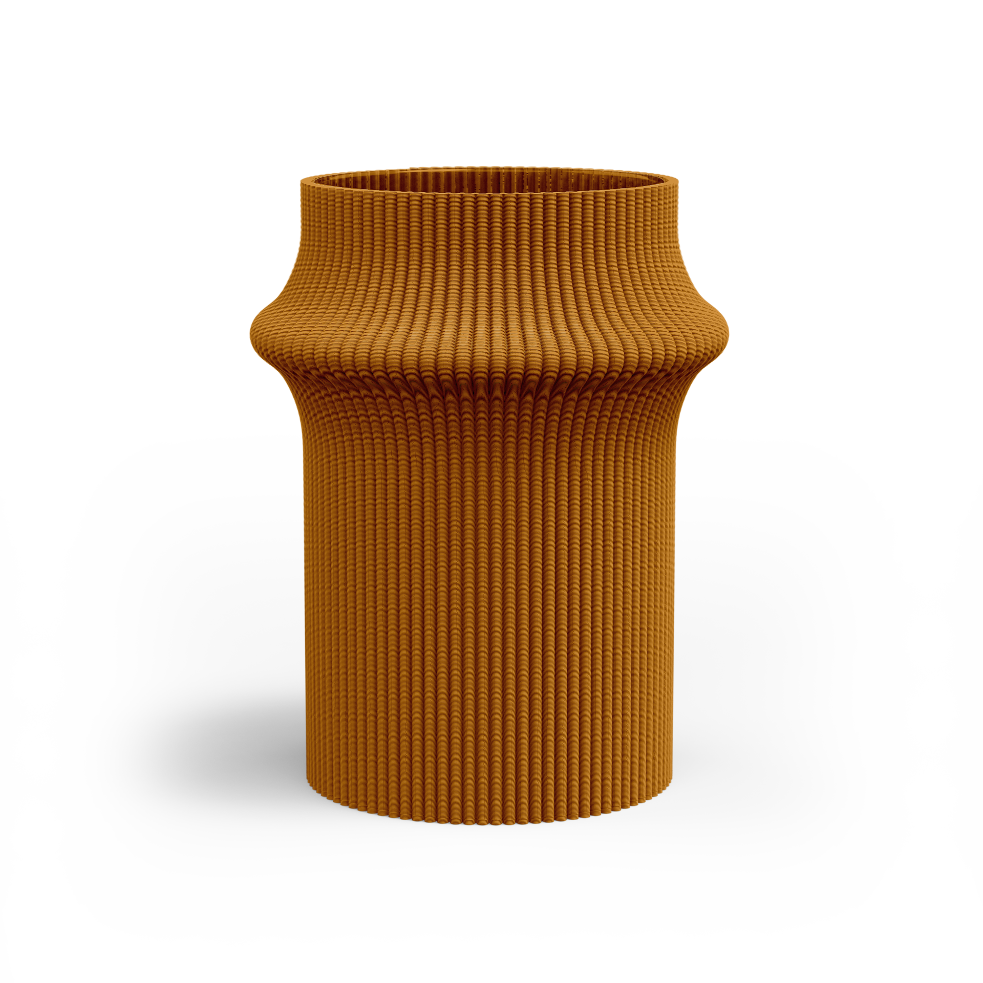 The Zayl 247g Vase by Sheyn stands tall with a flared top and ribbed texture on a white background. Its cylindrical, orange design, reminiscent of pillars, features an undulating 3D-printed surface that adds an eco-friendly and dynamic touch to modern decor.