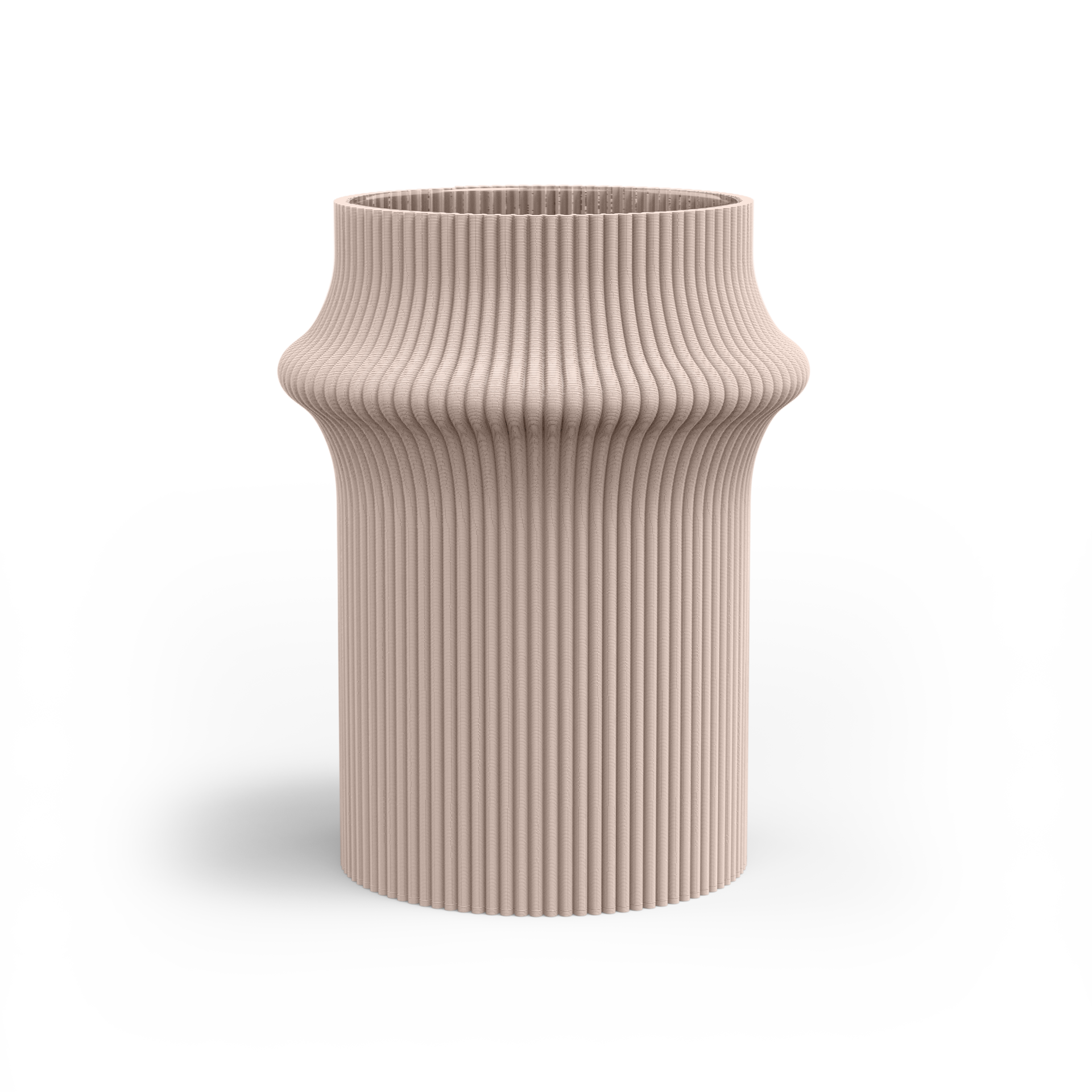The Sheyn Zayl 247g Vase features a beige, cylindrical shape with ribbed texture and a wide, flared middle, standing against a white background. Its design, reminiscent of architectural pillars, embodies modern sophistication.