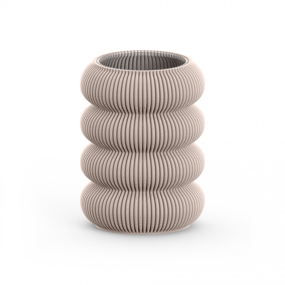 A beige ribbed vase with four vertical rounded sections, resembling pillars or piled cushions, from Sheyns Zayl 130g collection, shown on a white background.