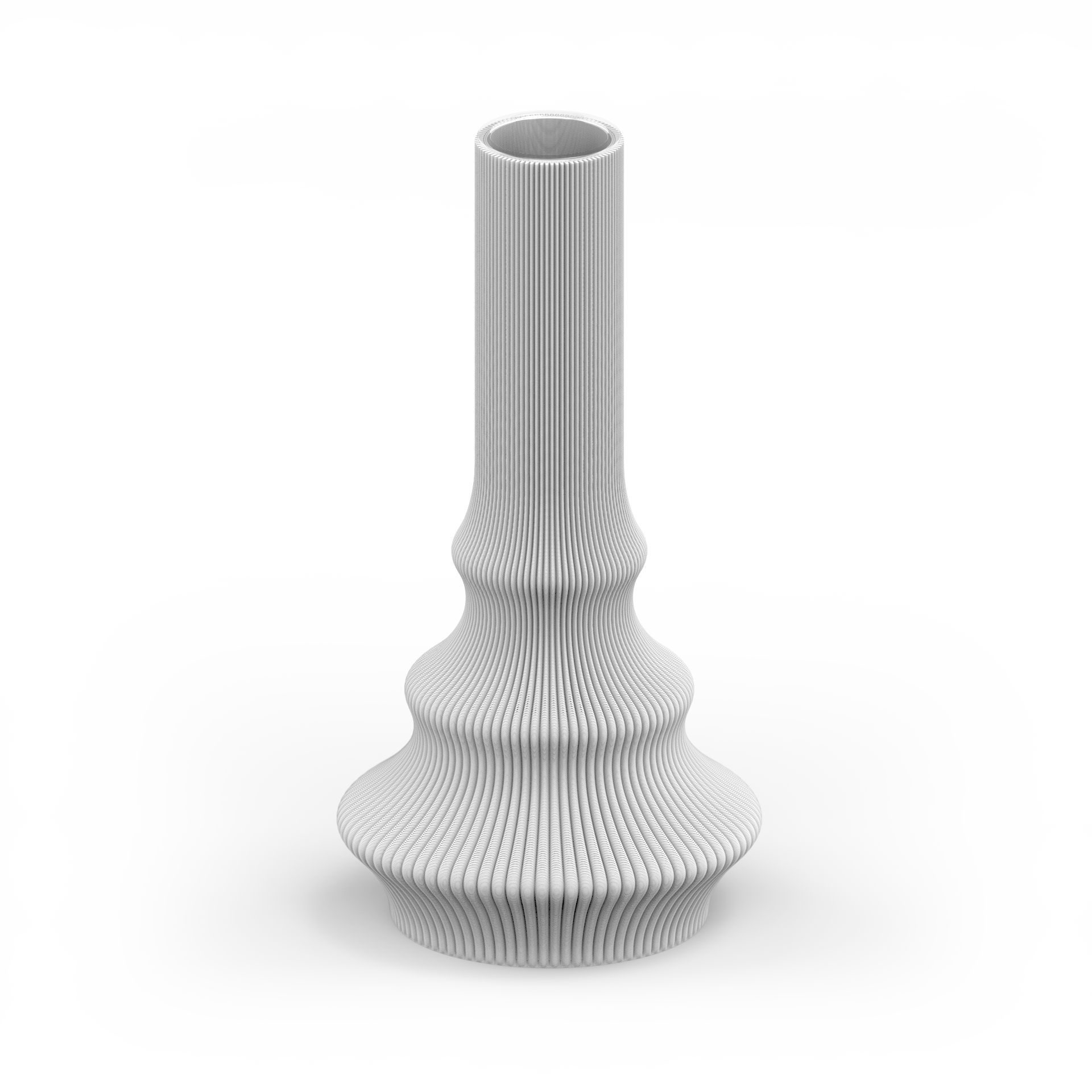 The Zayl 114g Vase by Sheyn features a white, textured design with a tall, narrow neck and ribbed base. Crafted using 3D printing techniques by an innovative studio, it displays vertical lines creating wave-like patterns and is set against a plain gray background.