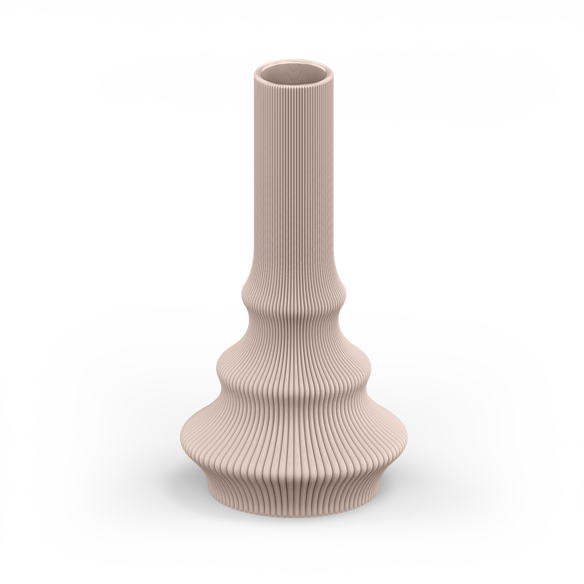 The Zayl 114g Vase by Sheyn features a beige, ribbed ceramic design with a tall narrow neck and wide layered base. This eco-friendly piece embodies studio artistry, standing elegantly against a light gray background.