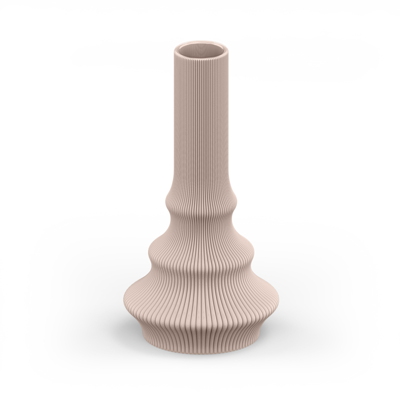 The Zayl 114g Vase by Sheyn features a beige, ribbed ceramic design with a tall narrow neck and wide layered base. This eco-friendly piece embodies studio artistry, standing elegantly against a light gray background.