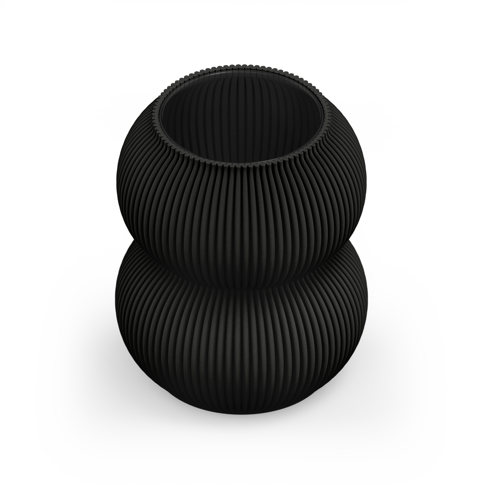 The Zayl 159g Vase by Sheyn is a matte black, ribbed, double-sphered creation made from recyclable materials. Set against a light gray background, its unique texture and symmetry exude a contemporary and artistic flair, perfectly blending modern design with eco-friendly innovation.