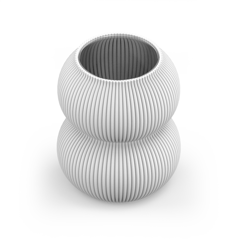 The Zayl 159g Vase by Sheyn is a white, modern piece crafted from recyclable materials, featuring a ribbed texture and stacked dual-sphere design. Set against a plain grey background, this eco-friendly vase combines sustainability with style.