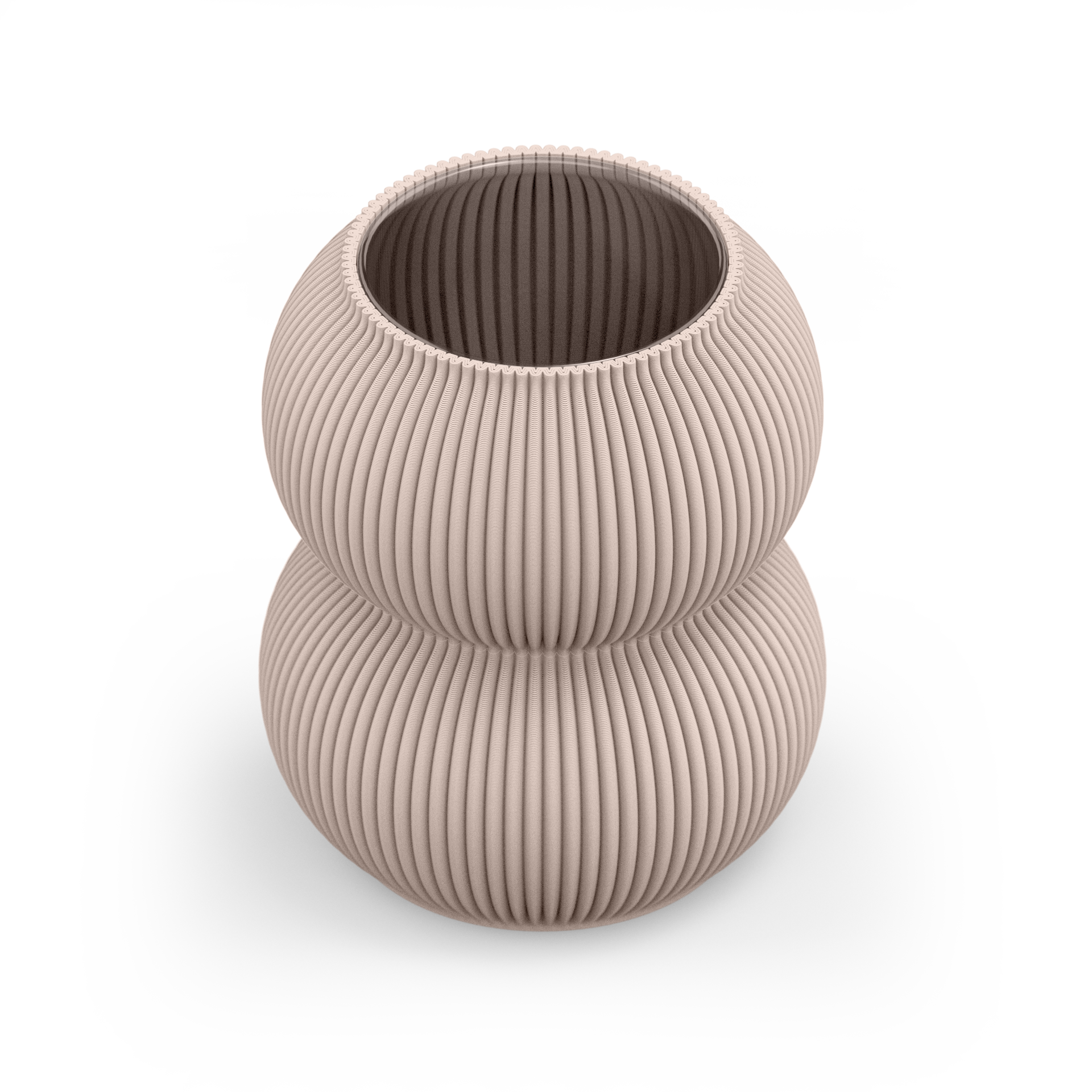 The Zayl 159g Vase by Sheyn is a light beige, eco-friendly piece with a double-layered design, vertical ridges, and two stacked sphere shapes. Made from recyclable materials, it sits elegantly on a plain light gray surface.