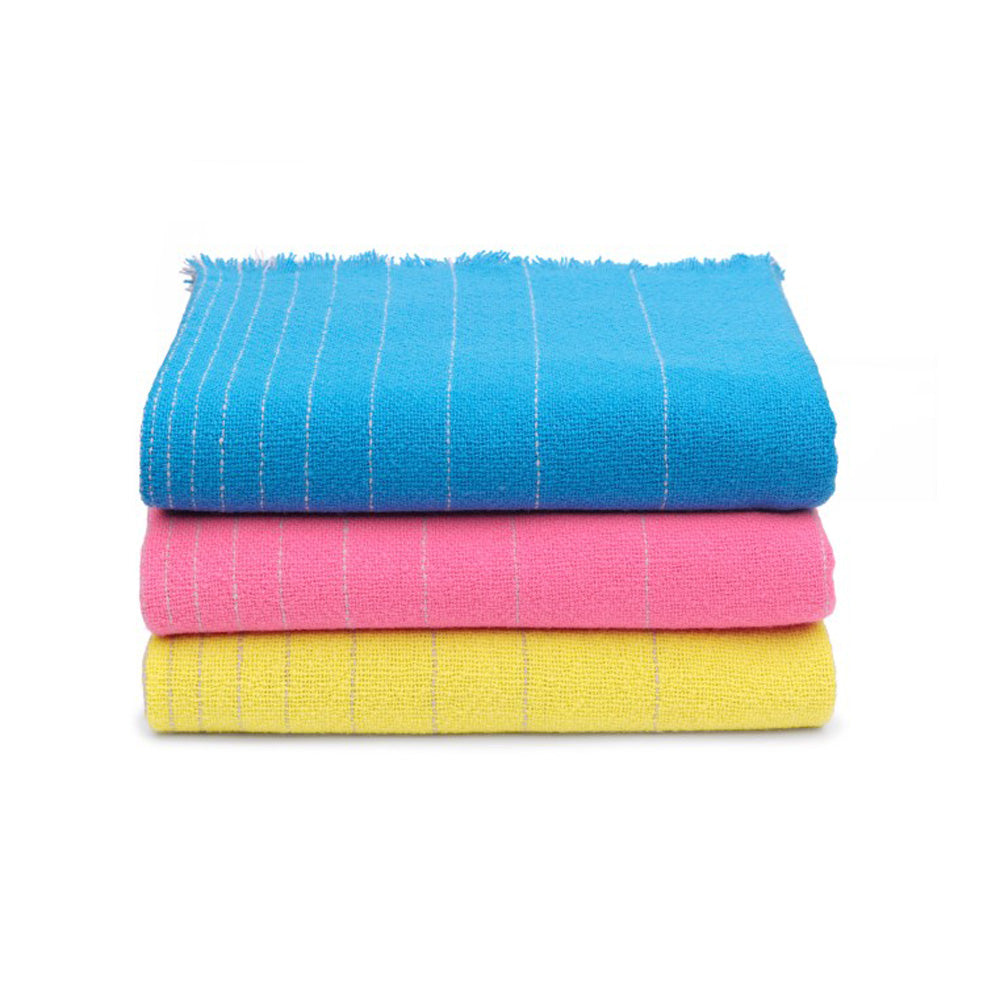 Three folded towels stacked: top is blue with white stripes, middle is pink with white stripes, and bottom is yellow with white stripes. Each resembles a hand-woven masterpiece akin to E15s AC13 CUADRO blanket in textured elegance.
