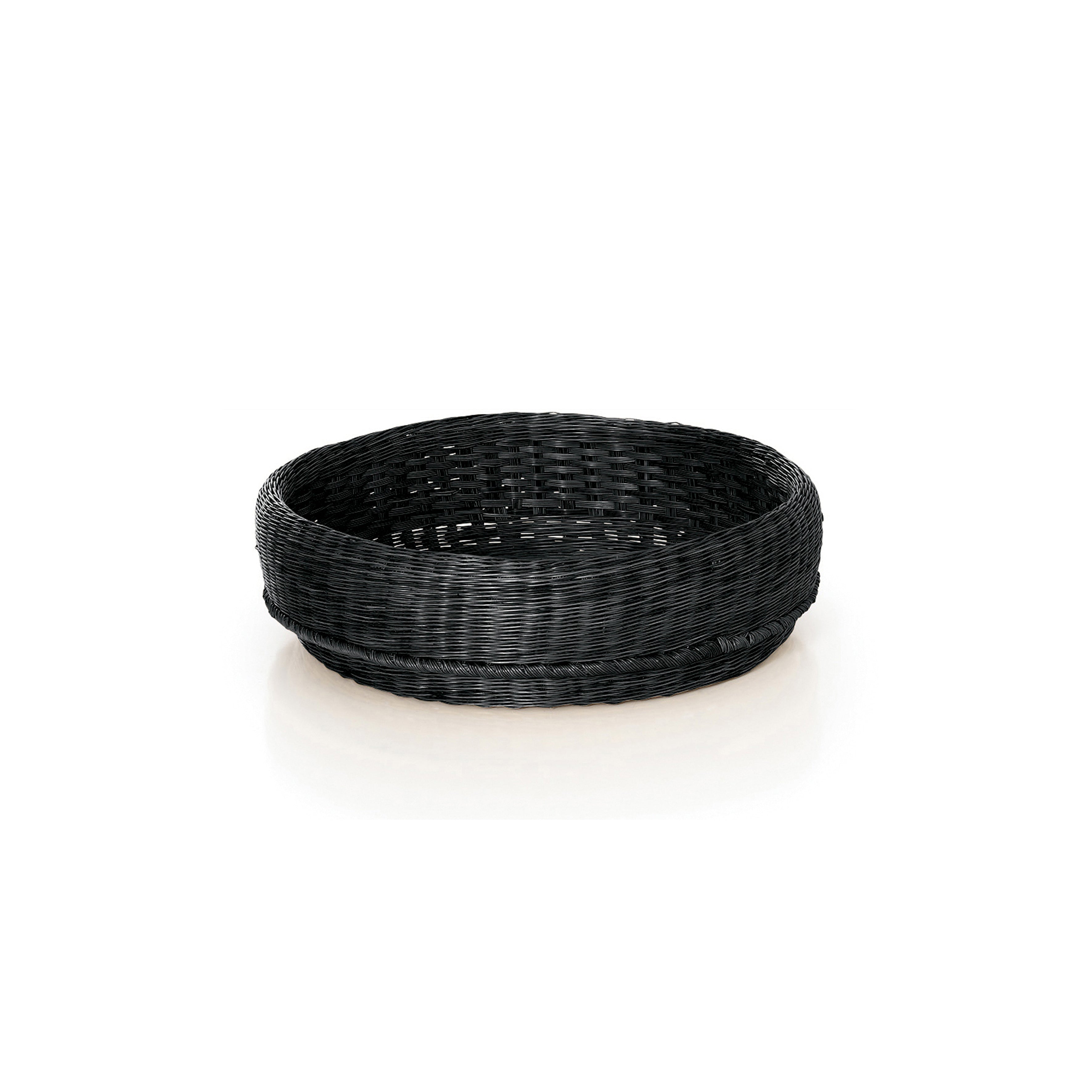 The Ames Fibra Basket by Ames is a round, black woven basket handcrafted in Colombia from durable esparto grass, featuring a slightly curved rim and shown on a white background.