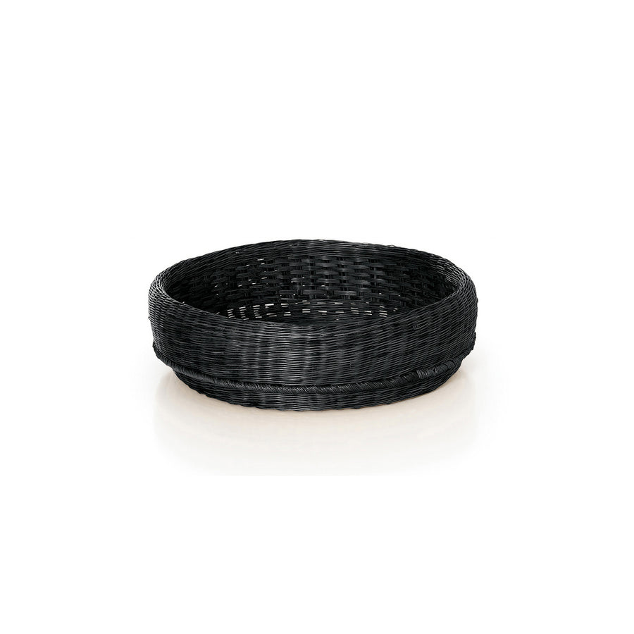 The Fibra Basket Medium by Ames, a round handcrafted black woven basket from Colombia with a slightly flared rim, is elegantly displayed against a plain white background.