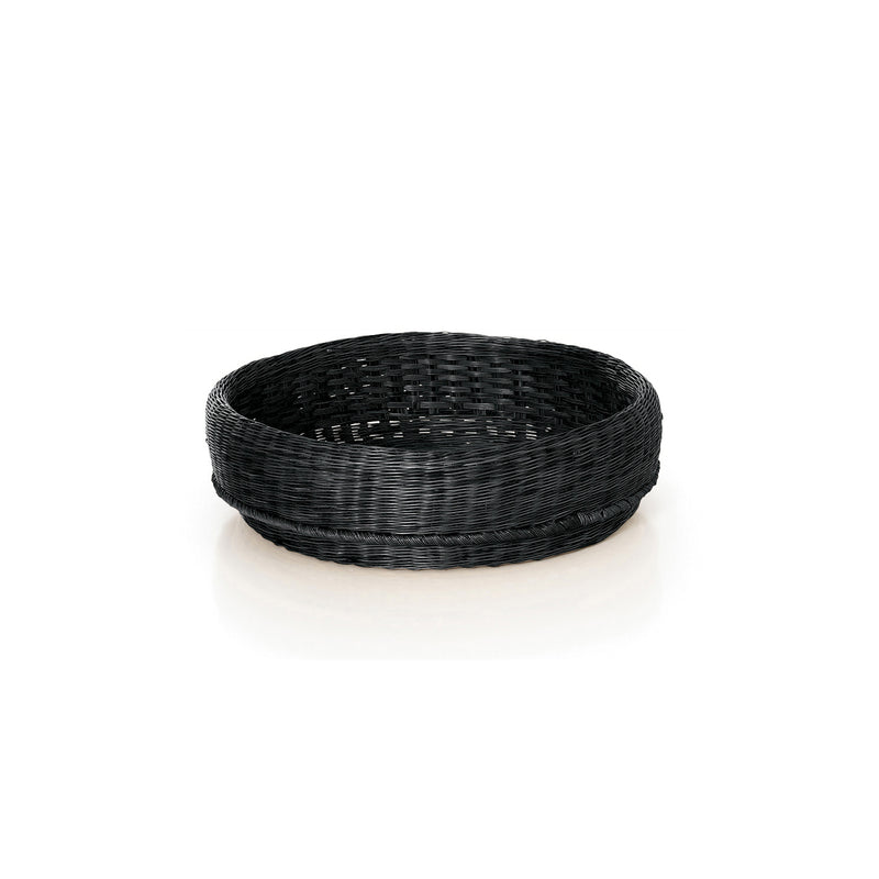 The Ames Fibra Basket by Ames is a round, black woven basket handcrafted in Colombia from durable esparto grass, featuring a slightly curved rim and shown on a white background.