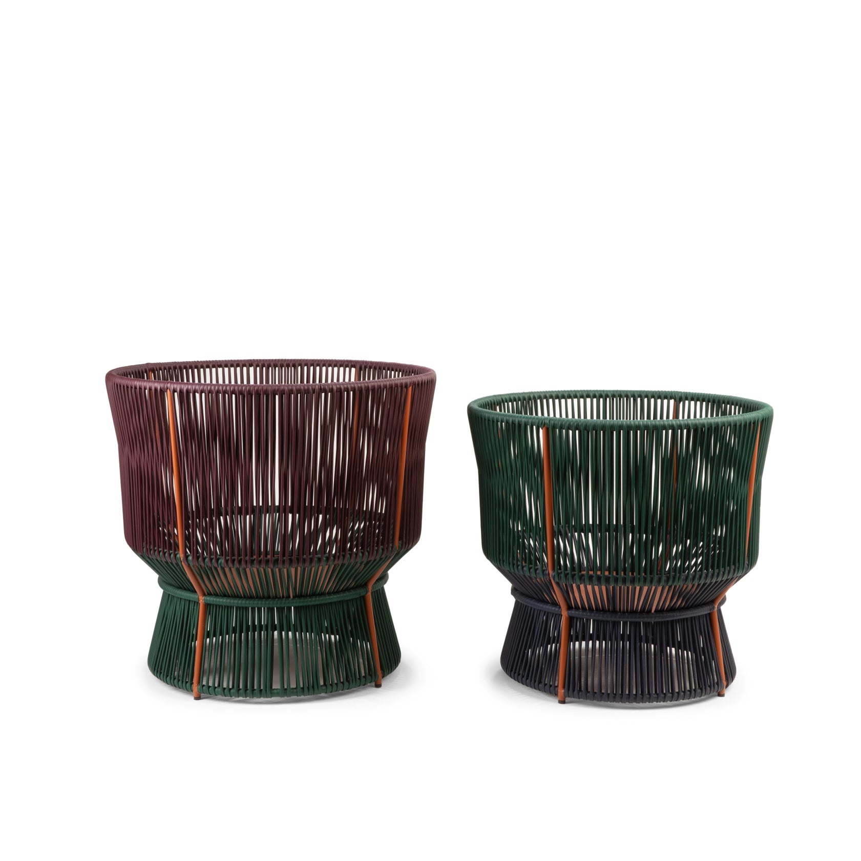 Two chic woven baskets, one taller in burgundy with dark accents, another shorter in dark green with copper details. Both have a sturdy base and open weave using recycled plastic strings for sustainability. Brand: Ames; Product Name: Caribe Chic Basket 1.