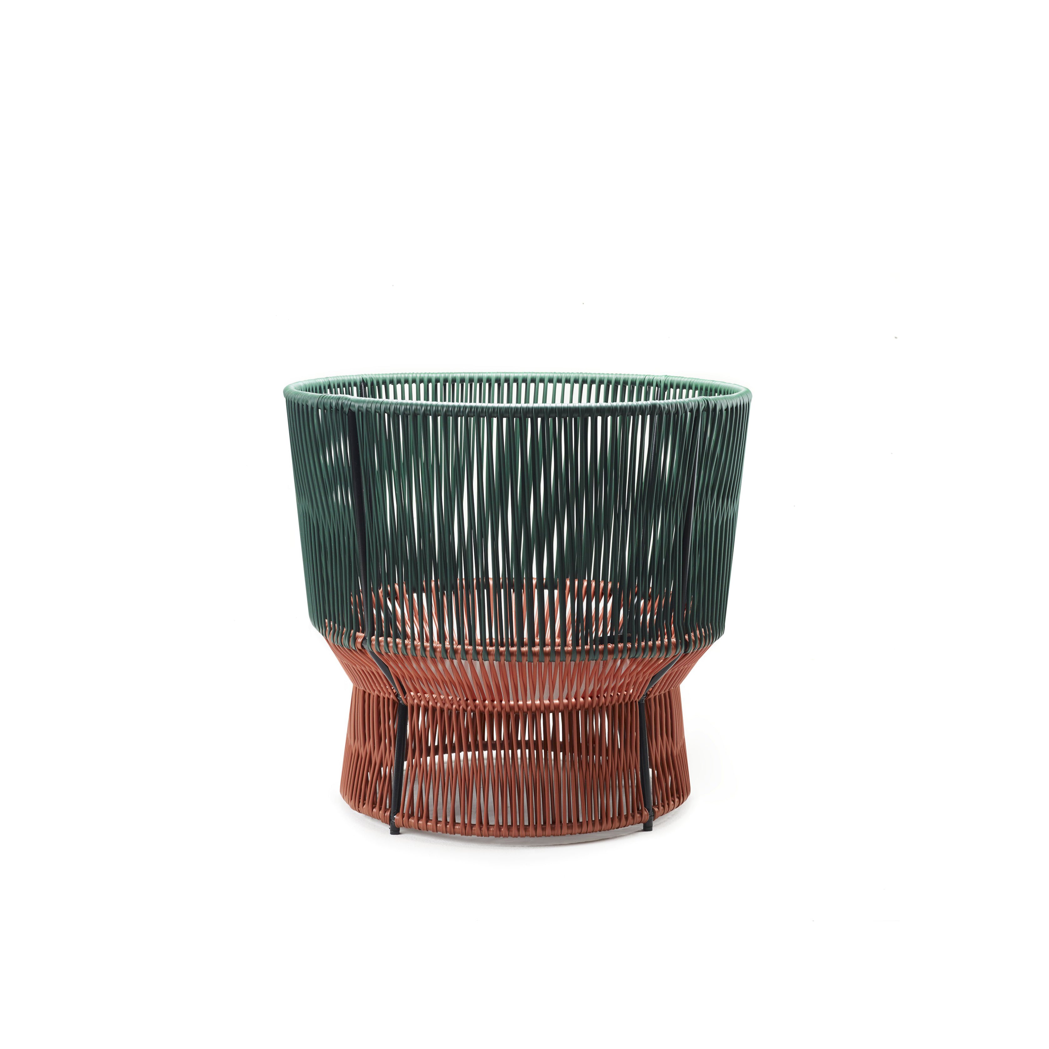 The Caribe Chic Basket 1 by Ames is a stylish wireframe chair crafted with the mamposino braiding technique using green and rust-colored metal rods. Its circular design offers a wide seat and slightly narrower base for an elegant, modern look.