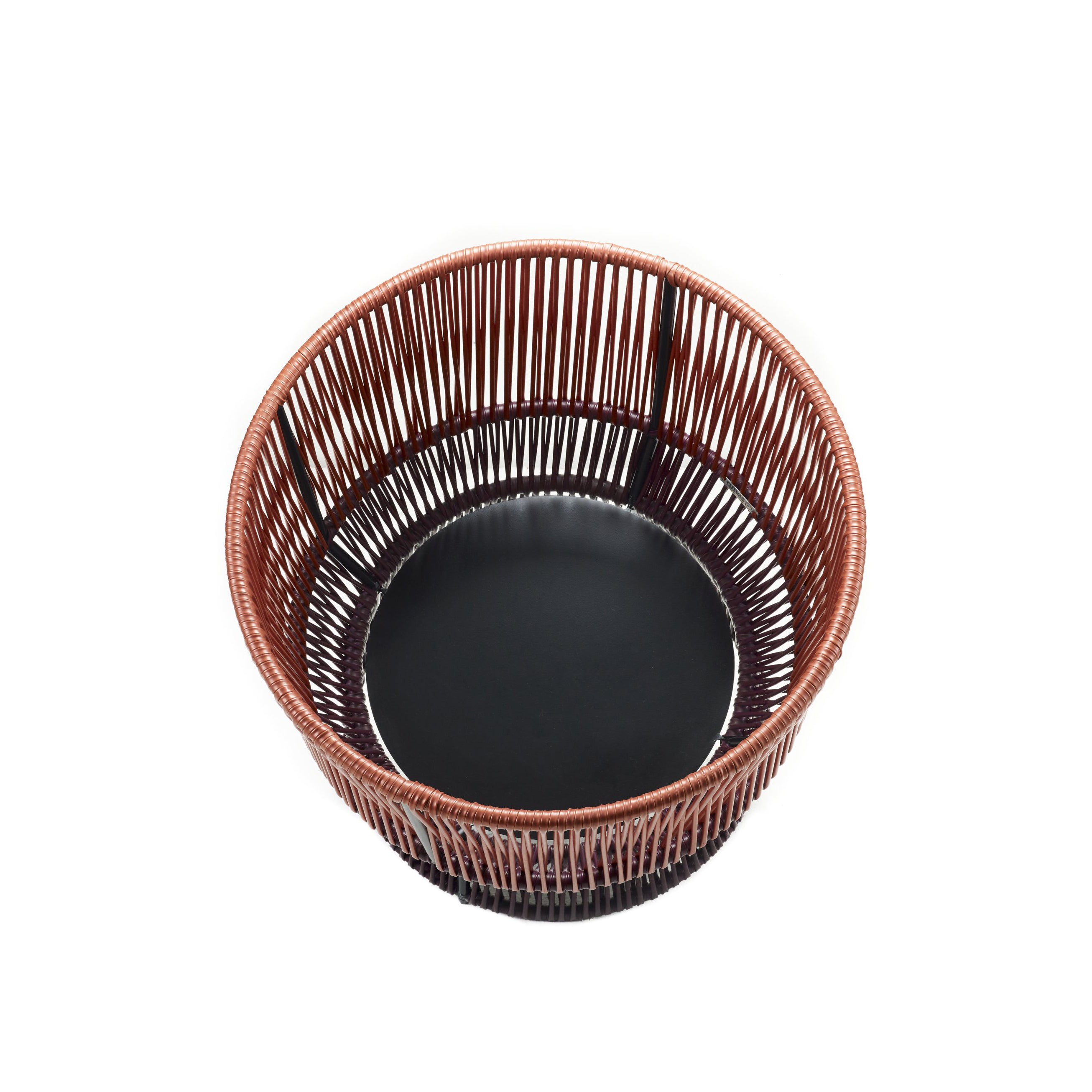 The Ames Caribe Chic Basket 1 features a black base and intricately woven brown sides using mamposino braiding with recycled plastic strings, all set against a simple white background.