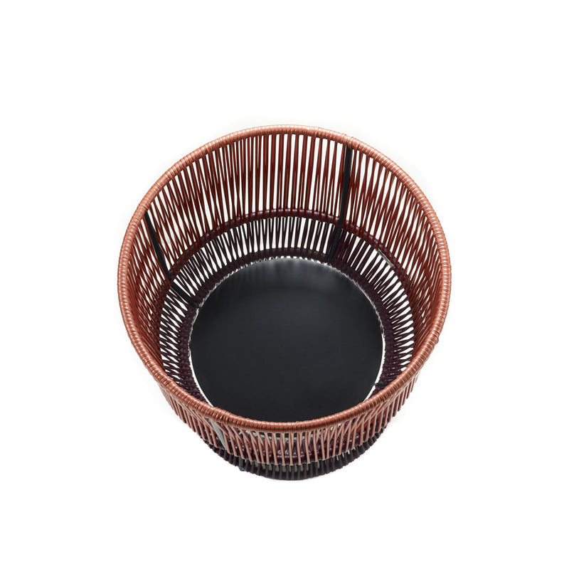 The Ames Caribe Chic Basket 1 features a black base and intricately woven brown sides using mamposino braiding with recycled plastic strings, all set against a simple white background.