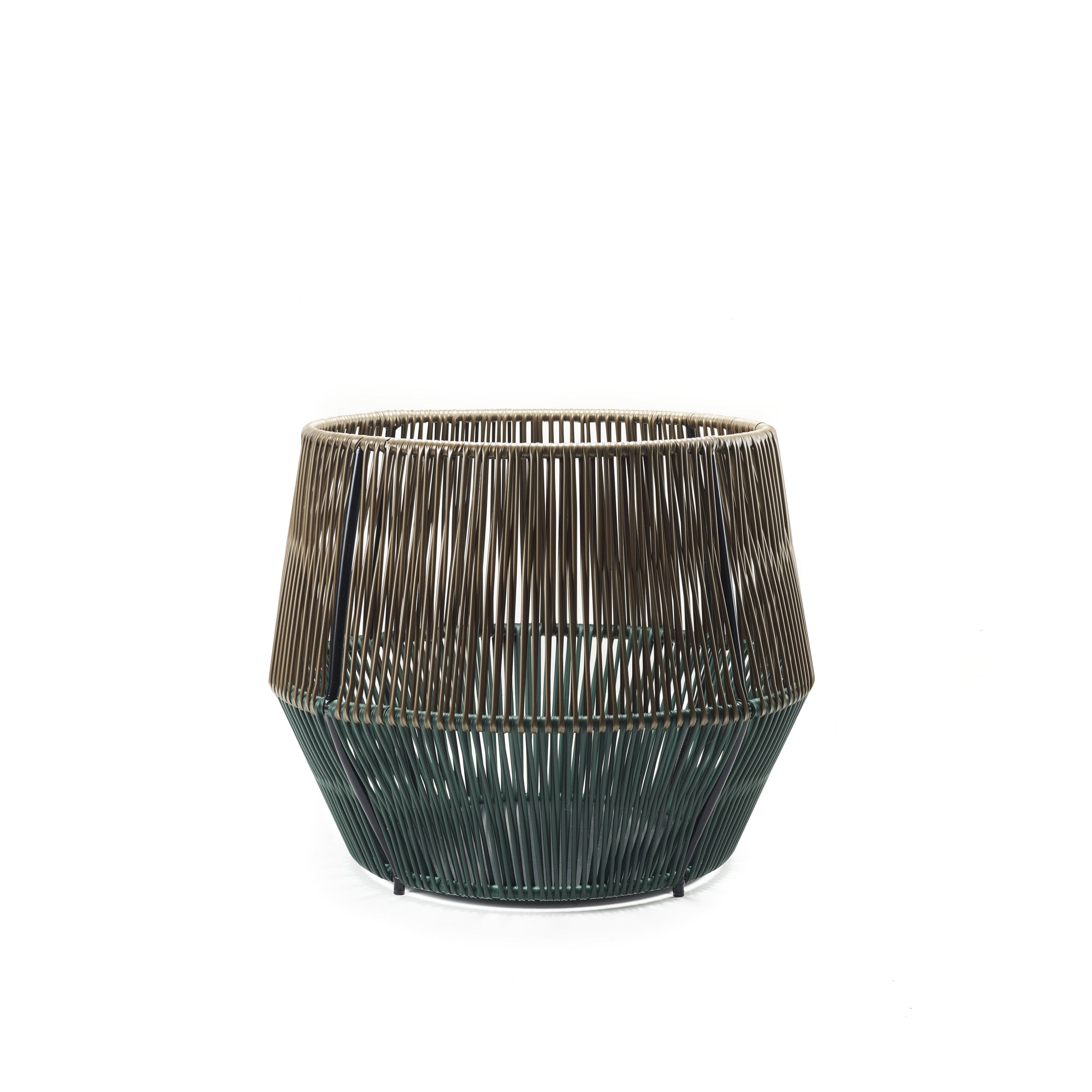 The Caribe Chic Basket 2 by Ames features a modern design with two-toned vertical bars in brown and green. Using the mamposino braiding technique, it has an open-weave structure that creates a rounded, geometric look on a plain white background.