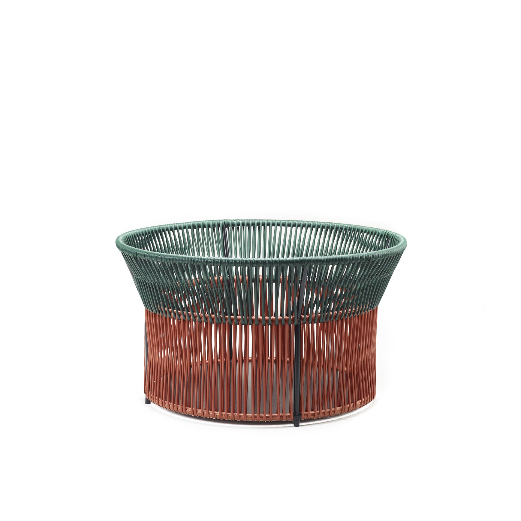 The Caribe Chic Basket 3 by Ames is a round, woven basket with a wide opening, featuring traditional braiding. The top is green and the bottom brown, showcasing modern design with the circular, open weave pattern that defines Chic Baskets.