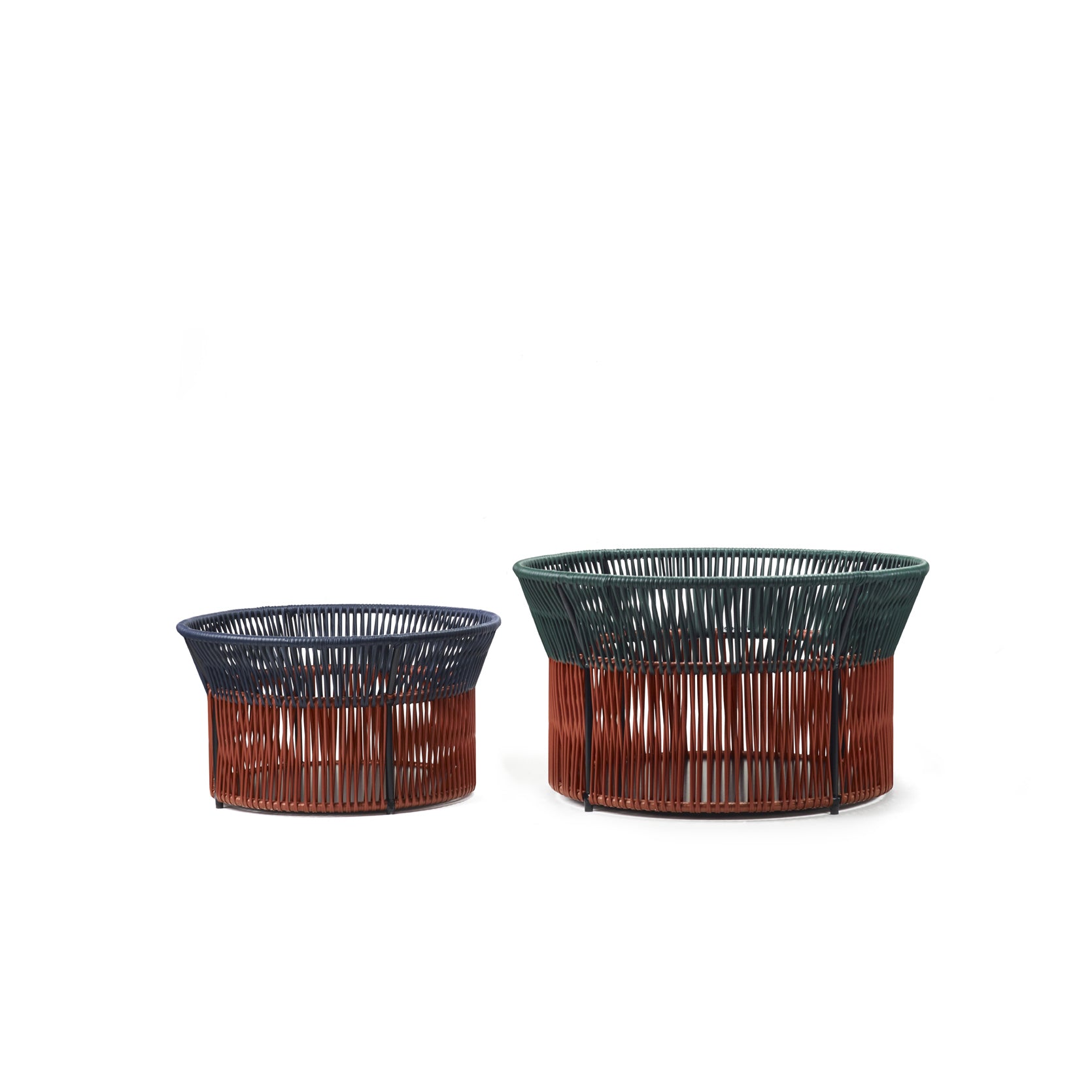 The Ames Caribe Chic Basket 3 set includes two elegantly crafted baskets using traditional braiding. The smaller has a blue top with brown sides, and the larger a green top with matching sides. Displayed against a plain white background to emphasize their style.