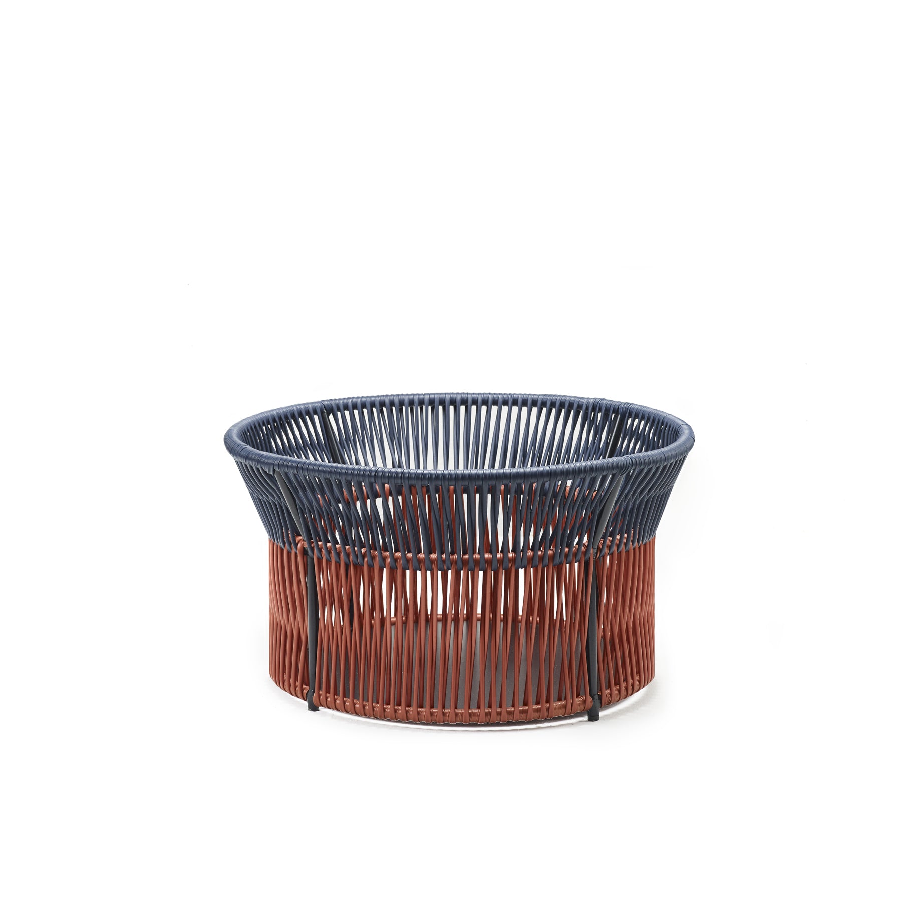 The Caribe Chic Basket 3 from Ames is a round woven basket with an open top, featuring intertwined blue and brown ropes using traditional braiding. Made with recycled plastic, it has a sturdy base and airy design against a white background.