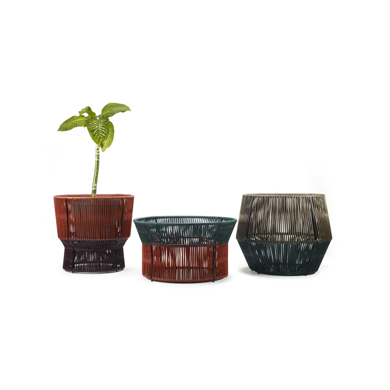 Ames Caribe Chic Basket 2 set features three unique Mamposino-braided baskets in varied shapes and vibrant shades: a tall red basket with a green plant, a low green basket, and a medium dark green basket. Each is crafted from recycled plastic strings in an open weave of vertical and horizontal lines.