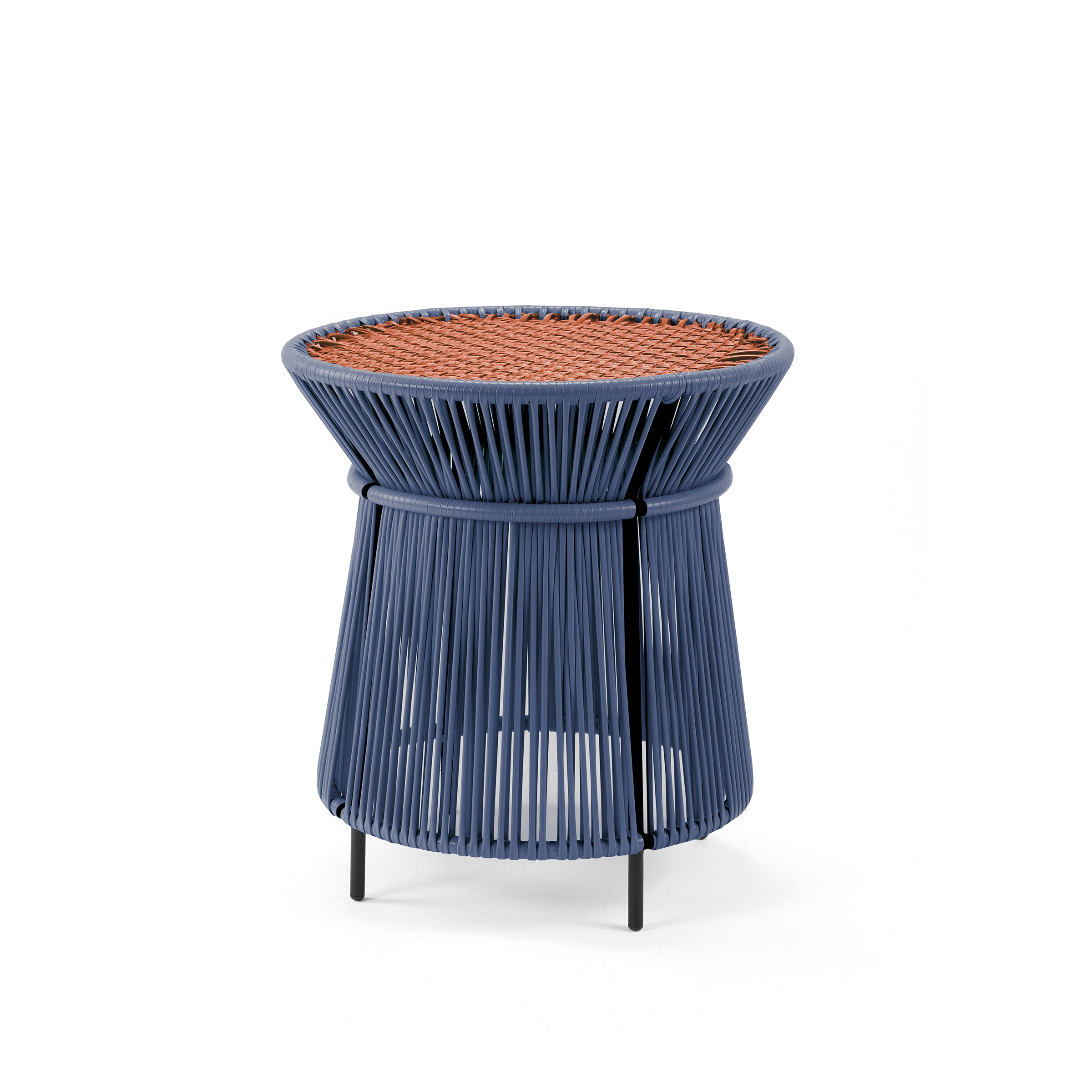 Explore the Caribe Chic High Table by Ames, a modern round piece with a woven blue base made from recycled plastic cord. Inspired by Colombian Huila artistry, it features a brown woven top that beautifully complements the intricate spool-like weaving below.