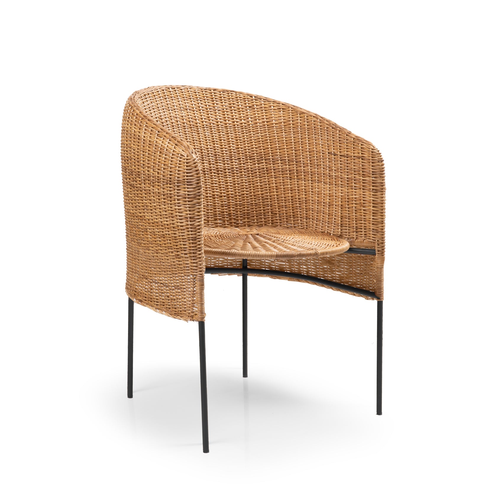 The Ames Caribe Natural Dining Chair by Ames features a round back, natural wicker woven seat, and black metal legs—highlighting Colombian craftsmanship. Photographed on a white background.