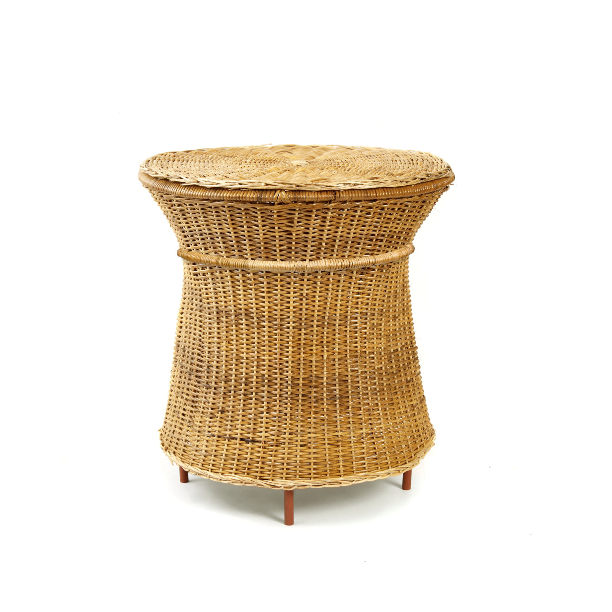 The Caribe Natural High Side Table by Ames features a round, flat top and flared sides crafted from woven wicker. Supported by short wooden legs, its natural texture and color evoke a rustic feel, highlighting the essence of Colombian craftsmanship.