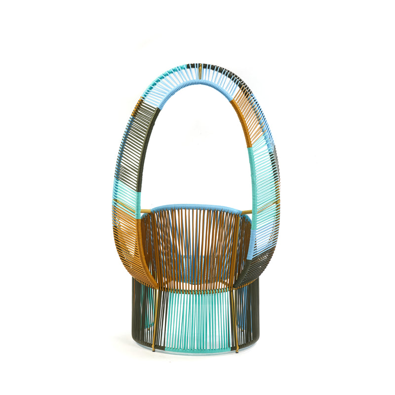Presenting the Ames Cartagenas Reina Chair Limited Edition—a vibrant creation with turquoise, brown, and gold woven strings. Its circular seat and high backrest create a refined oval shape, ideal for enhancing any outdoor space with contemporary flair.