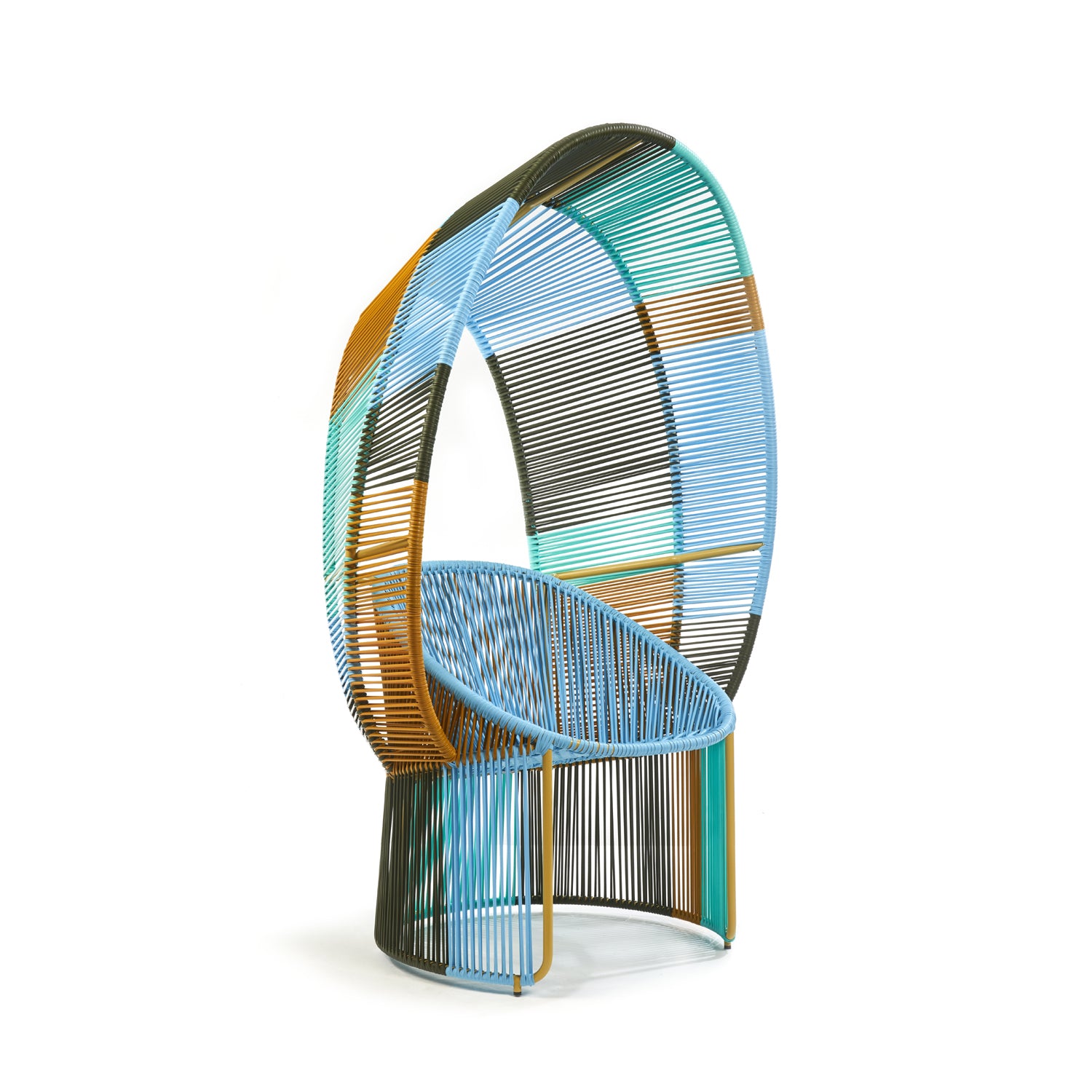 Discover the vibrant Cartagenas Reina Chair Limited Edition by Ames, ideal for your outdoor space. Its high oval backrest of woven strings in blue, green, orange, and brown hues forms an open structure with a round seat—a standout from the collection.