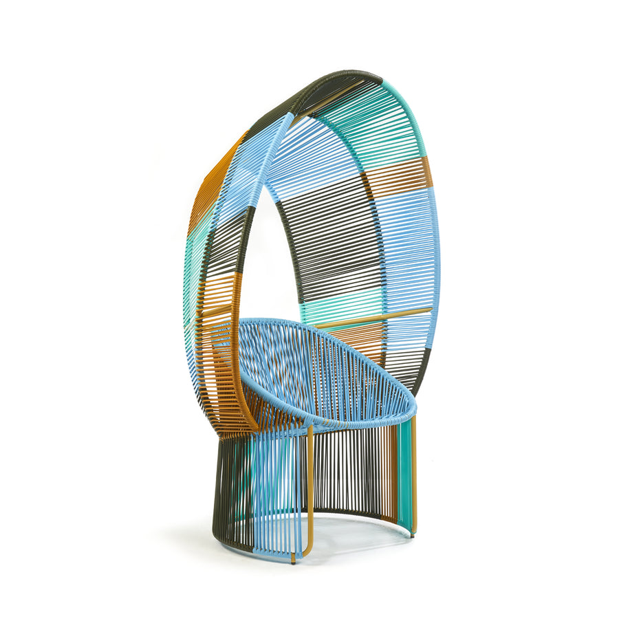 Discover the vibrant Cartagenas Reina Chair Limited Edition by Ames, ideal for your outdoor space. Its high oval backrest of woven strings in blue, green, orange, and brown hues forms an open structure with a round seat—a standout from the collection.