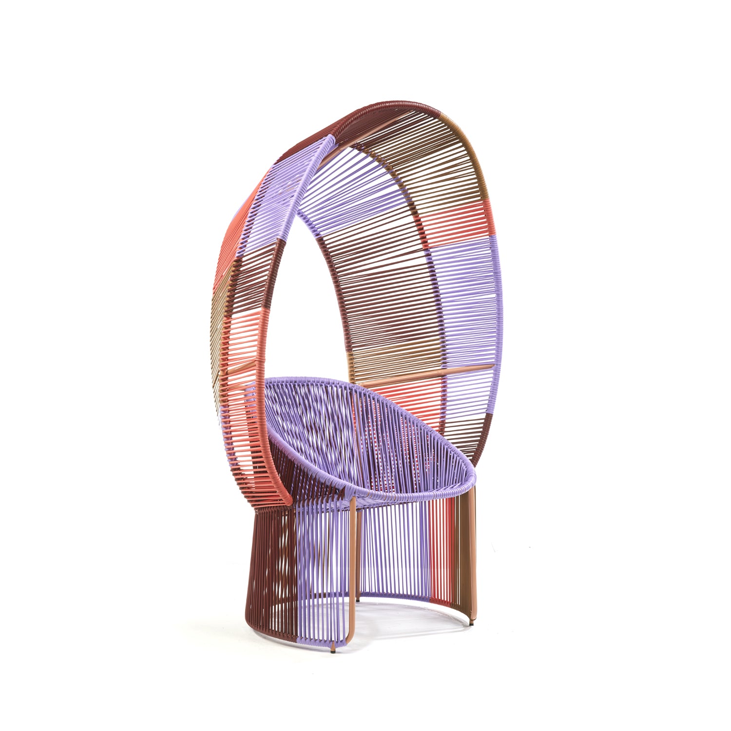 The Ames Cartagenas Reina Chair Limited Edition features an artistic design with a high back and circular seat crafted from colorful woven cords in purple, red, pink, and brown shades. The arched frame creates an open, airy feel perfect for any outdoor space.