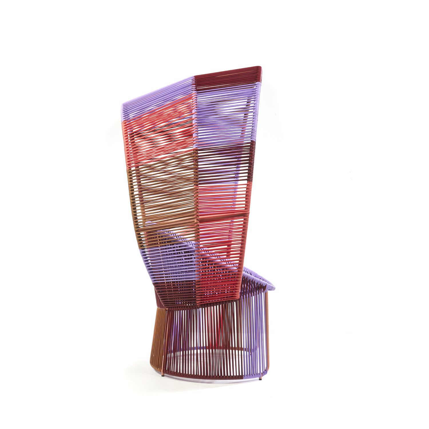 From the Cartagenas collection and crafted by Ames, the Reina Chair Limited Edition features a geometric design with red, purple, and brown interwoven strands. Its angular backrest and base provide a dynamic look against a pristine white backdrop, ideal for outdoor spaces.