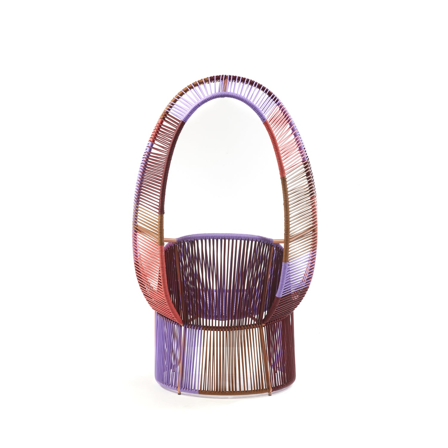 From the Ames Cartagenas collection, the limited edition Reina Chair features an arched backrest and a vibrant base of tightly woven strings in purple, red, and brown, offering a unique and modern touch to any outdoor area.