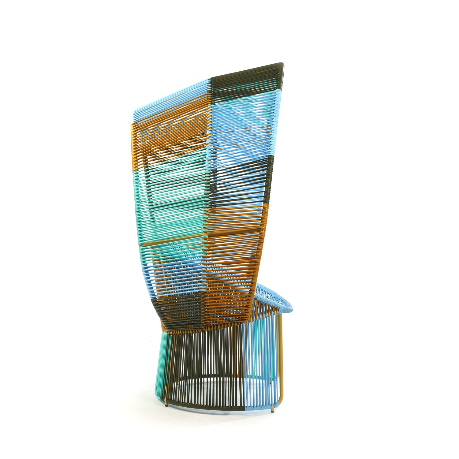 Part of Ames Cartagenas collection, the Reina Cocoon Chair Limited Edition adds a colorful, modern touch to any outdoor area. It features a tall backrest with intricately woven strips in blue, green, orange, and brown atop a cylindrical base and asymmetrical back.