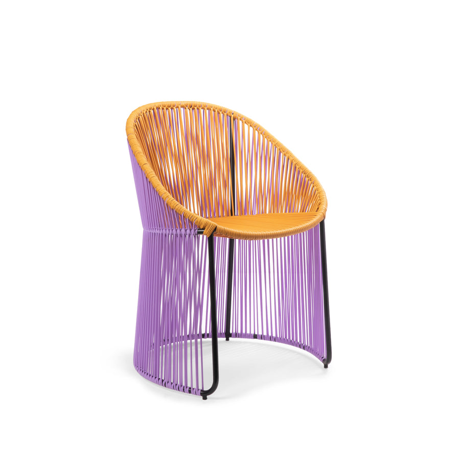 The Ames Cartagenas Dining Chair by Ames features an orange woven backrest and seat, purple woven sides and legs, a rounded silhouette, and a minimalist black metal frame.